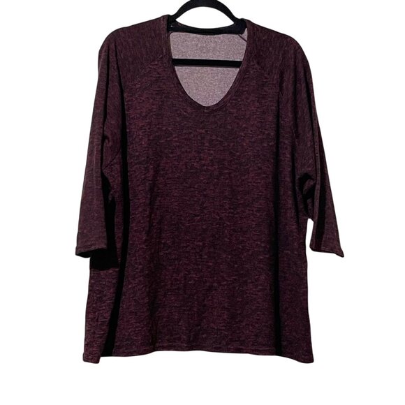 Danskin Womens Marled V-Neck 3/4 Sleeve Top 1X Burgundy Polyester/Spandex Comfor - Picture 1 of 6